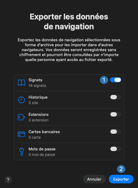 Boîte de dialogue Exporter les données de navigation de Safari sur Mac