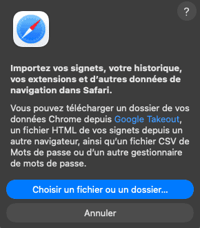 Choisir un fichier ou un dossier pour importer des signets dans Safari sur Mac