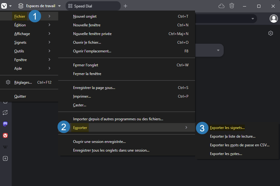 Exporter des signets avec le navigateur Internet Vivaldi