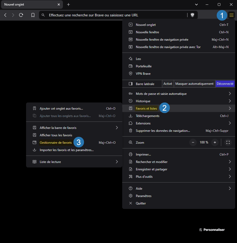 Gestionnaire de favoris navigateur Internet Brave