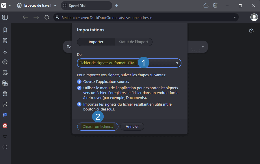 Importer des signets avec le navigateur Vivaldi depuis un fichier HTML