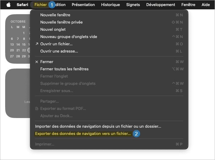 Menu Exporter des données de navigation vers un fichier de Safari sur Mac