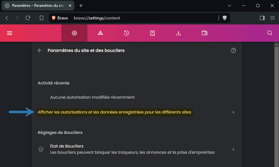 Afficher les autorisations et les données enregistrées pour les différents sites dans le navigateur Brave