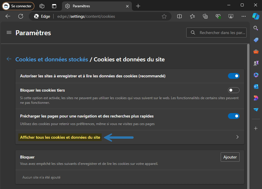 Afficher tous les cookies et données du site dans Microsoft Edge