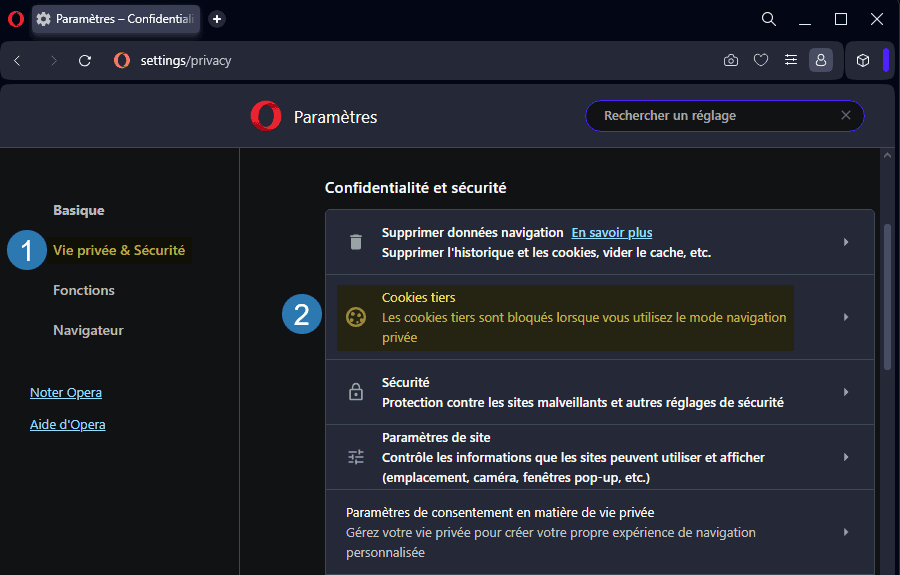 Cookies tiers dans le navigateur web Opera