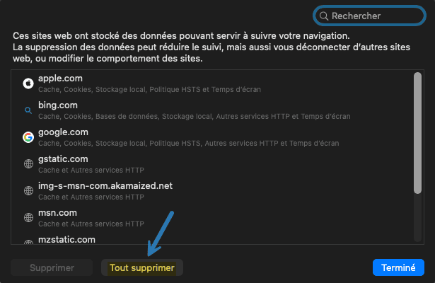Effacer les cookies sur Safari via l’option Gérer les données de sites web