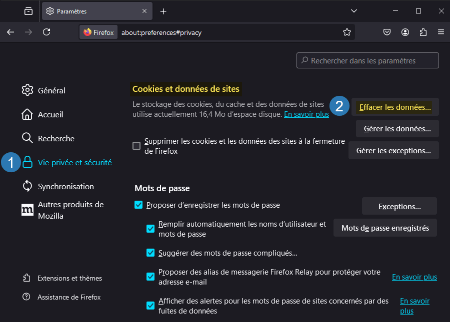 Effacer les données des cookies et données de sites dans le navigateur Firefox