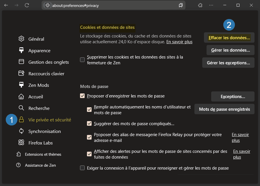 Effacer les données des cookies et données de sites dans le navigateur Zen