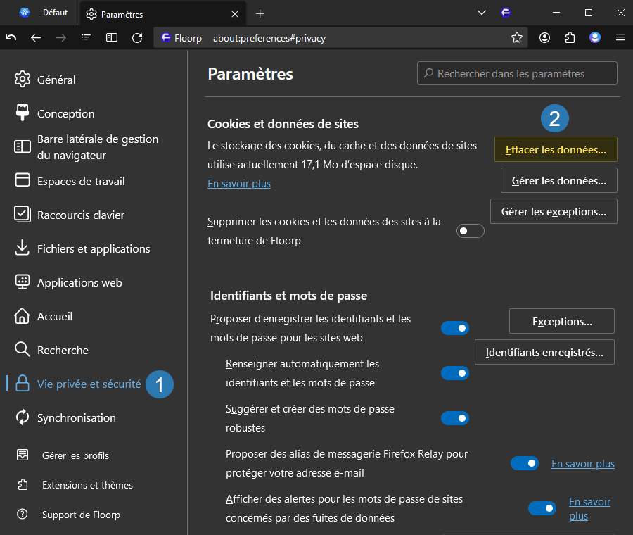 Effacer les données dans le navigateur Floorp