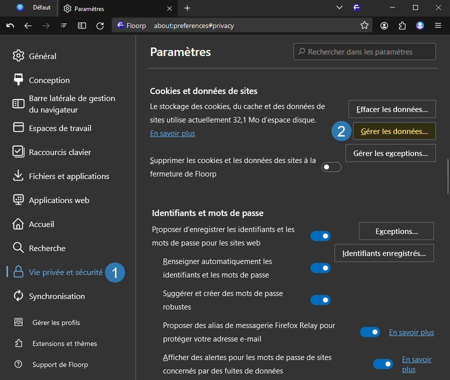Gérer les données des cookies et données de sites dans le navigateur web Floorp