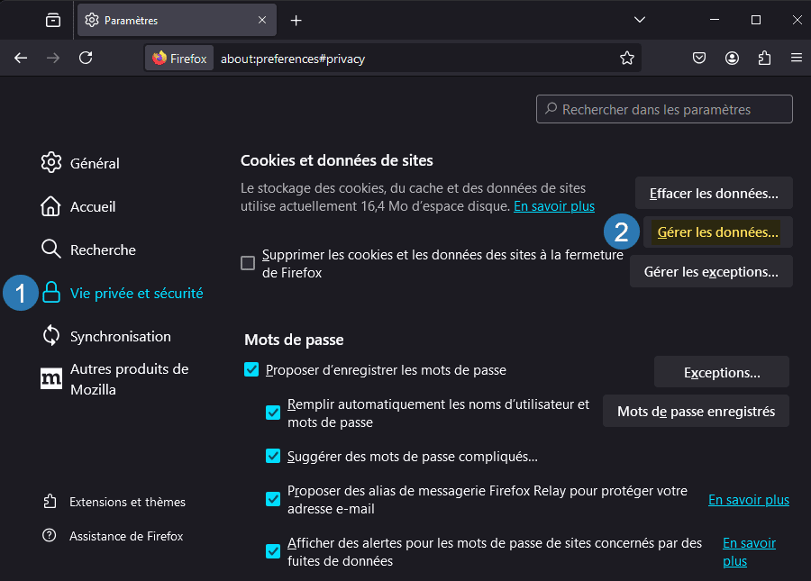 Gérer les données des cookies et données de sites dans le navigateur Firefox