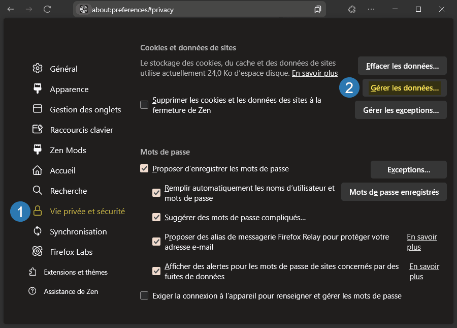 Gérer les données des cookies et données de sites dans le navigateur Zen