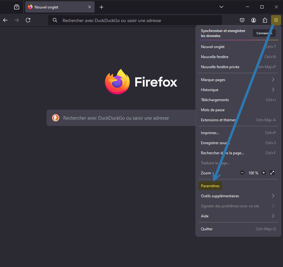 Ouvrir les paramètres du navigateur web Mozilla Firefox
