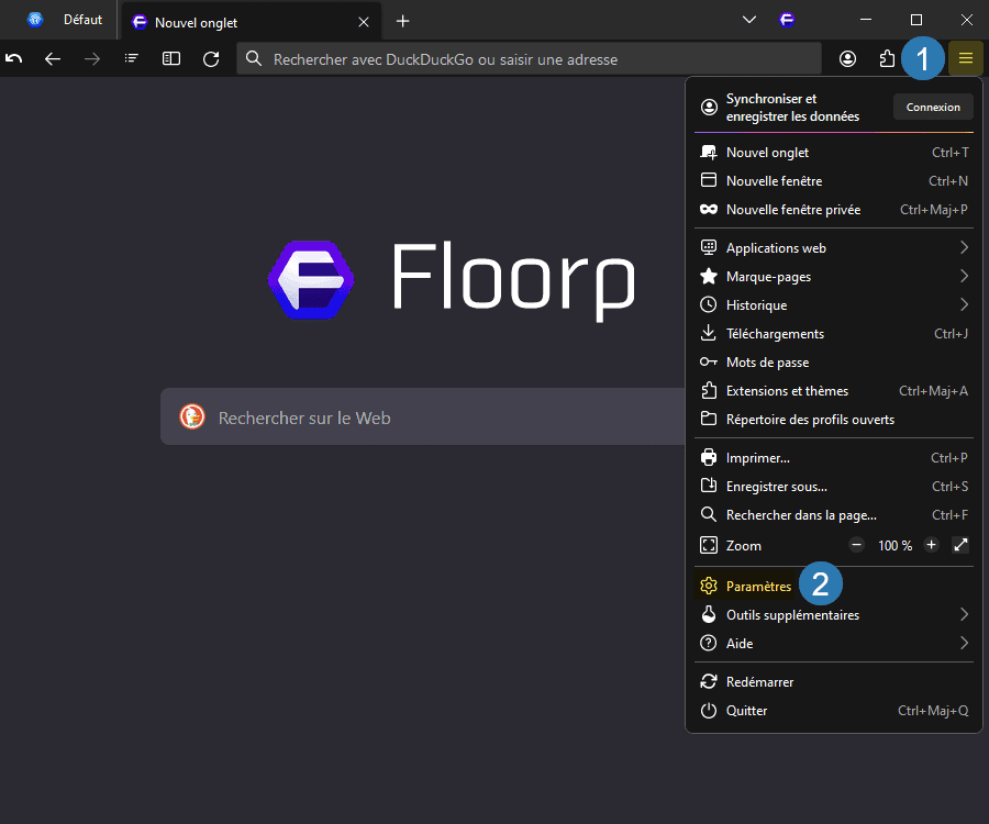 Ouvrir les paramètres du navigateur Internet Floorp
