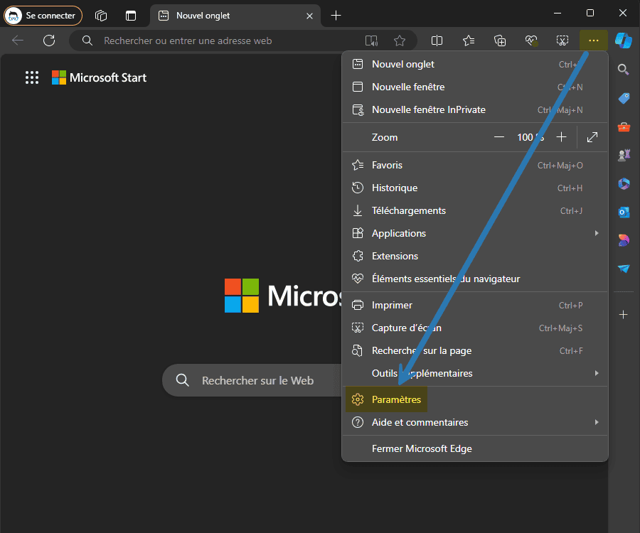 Ouvrir les paramètres du navigateur web Microsoft Edge