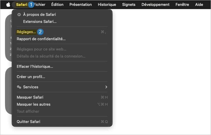 Ouvrir les réglages du navigateur Safari sur Mac