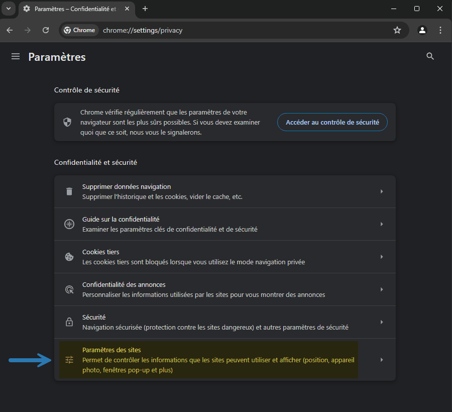 Paramètres de confidentialité et sécurité dans Google Chrome