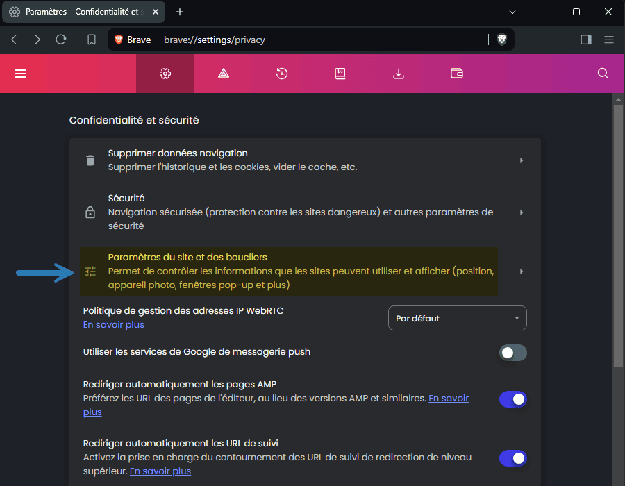 Paramètres du site et des boucliers dans le navigateur web Brave