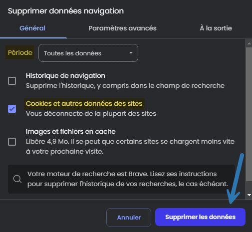 Supprimer les cookies et autres données des sites dans le navigateur Brave