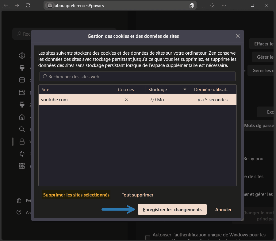 Supprimer les cookies et les données d’un site web spécifique dans le navigateur Zen