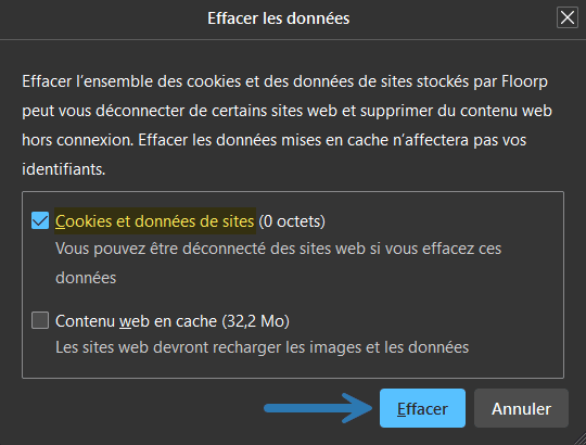 Supprimer les cookies et données de sites dans le navigateur web Floorp