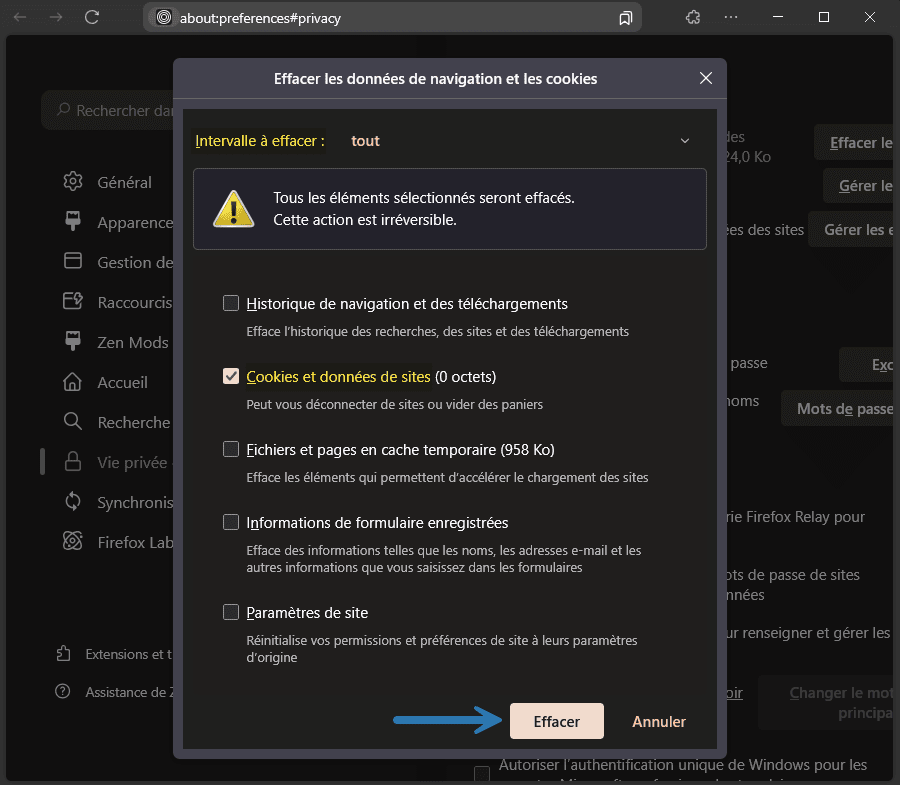 Supprimer les cookies et données de sites dans le navigateur Zen