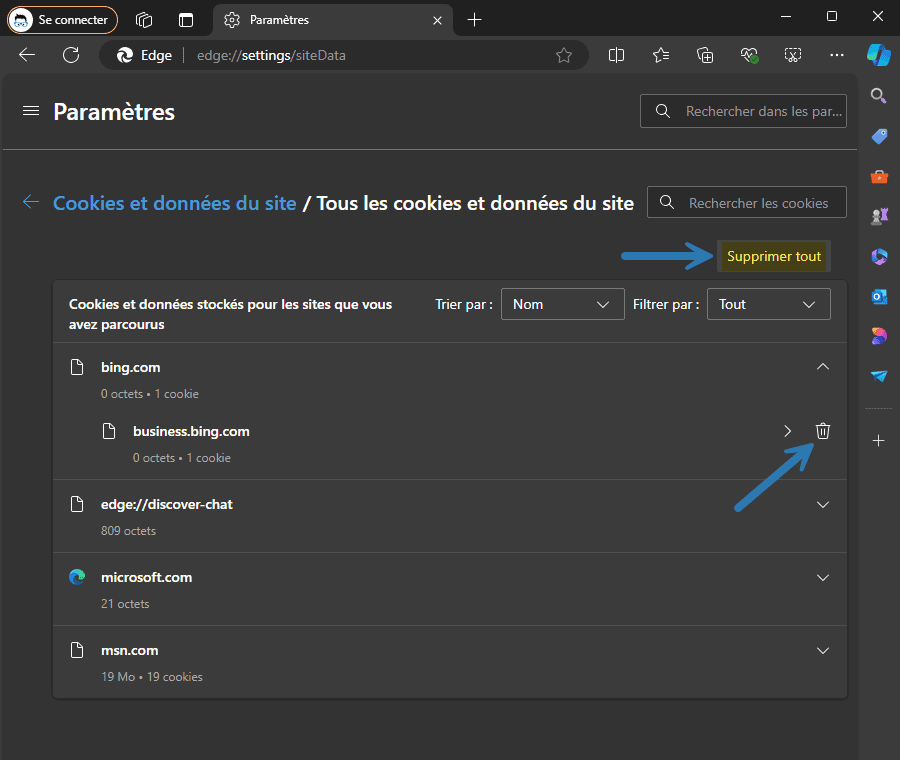 Supprimer les cookies dans Microsoft Edge