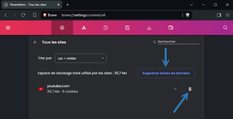 Supprimer les cookies dans le navigateur web Brave