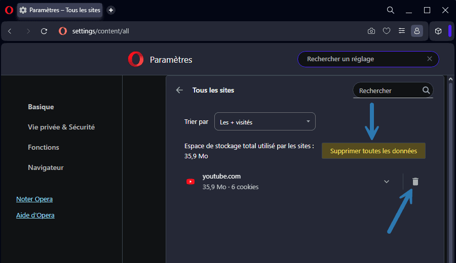 Supprimer les cookies dans le navigateur web Opera