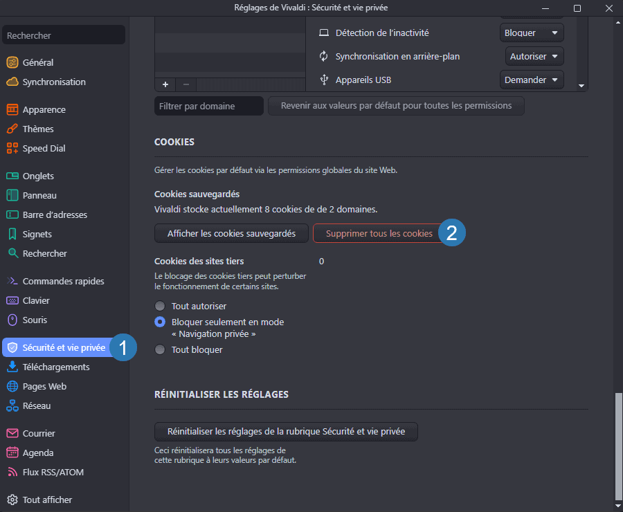 Supprimer les cookies dans le navigateur web Vivaldi