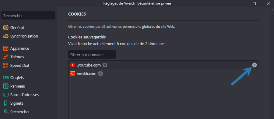 Supprimer les cookies d’un site web spécifique dans le navigateur Vivaldi