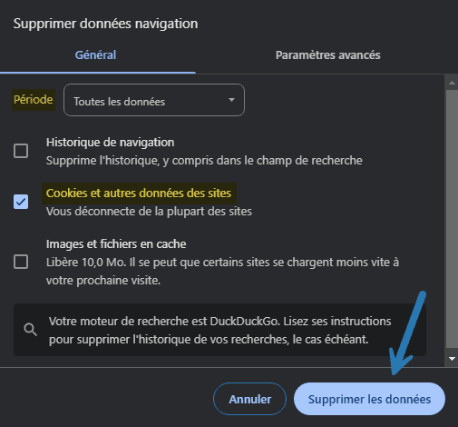 Supprimer les cookies et autres données des sites dans Google Chrome