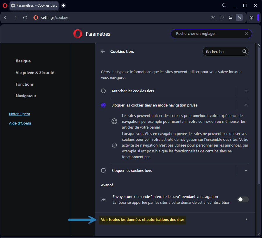 Voir toutes les données et autorisations des sites dans le navigateur web Opera