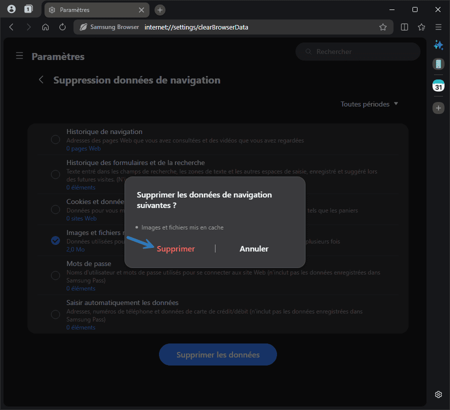 Confirmez la suppression des données de navigation dans Samsung Browser