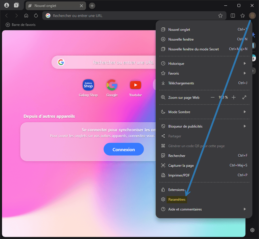 Ouvrir les paramètres de Samsung Browser