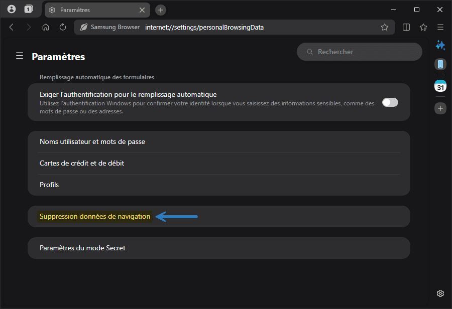 Suppression des données de navigation dans Samsung Browser