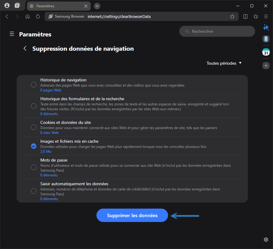 Vider le cache de Samsung Browser