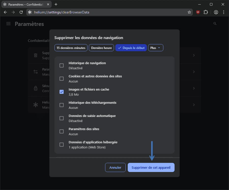 Vider le cache web d’Helium Browser