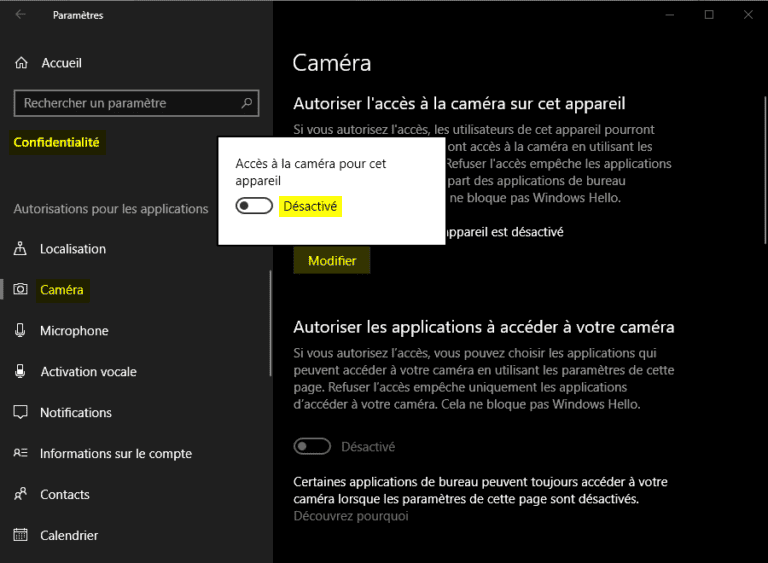 Désactiver la webcam sous Windows 10