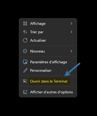 Ouvrir le Terminal Windows avec le menu contextuel du bureau Windows