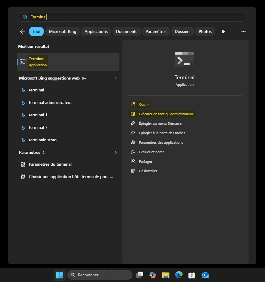Ouvrir le Terminal Windows sur Windows 11 avec la recherche Windows