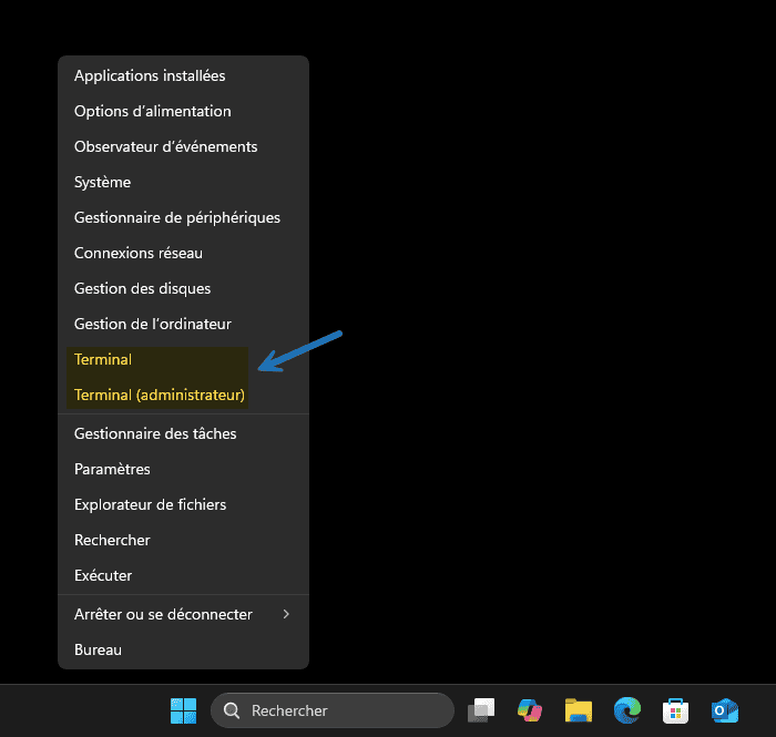 Ouvrir le Terminal Windows sur Windows 11 avec le menu Lien Rapide
