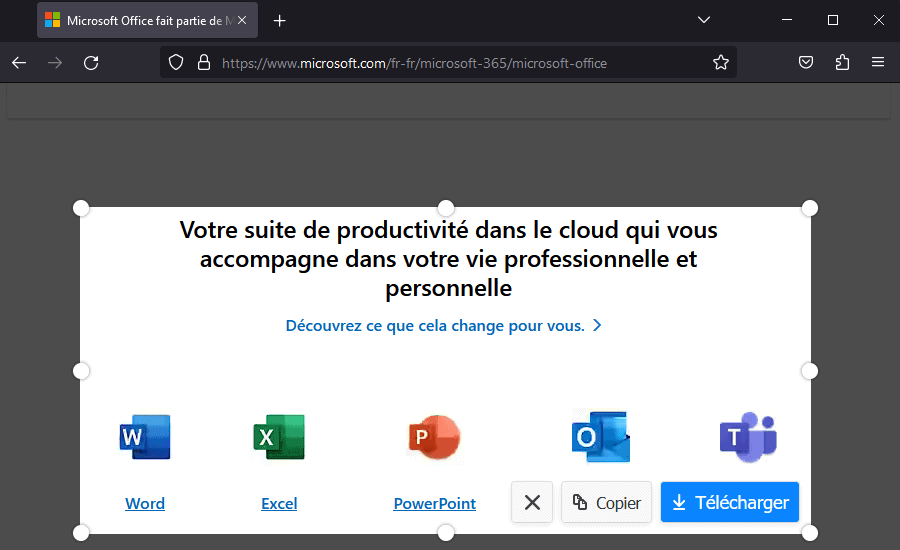Capture d’écran de la zone visible de la page web avec Firefox