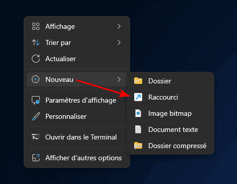Créer un nouveau raccourci sous Windows 11