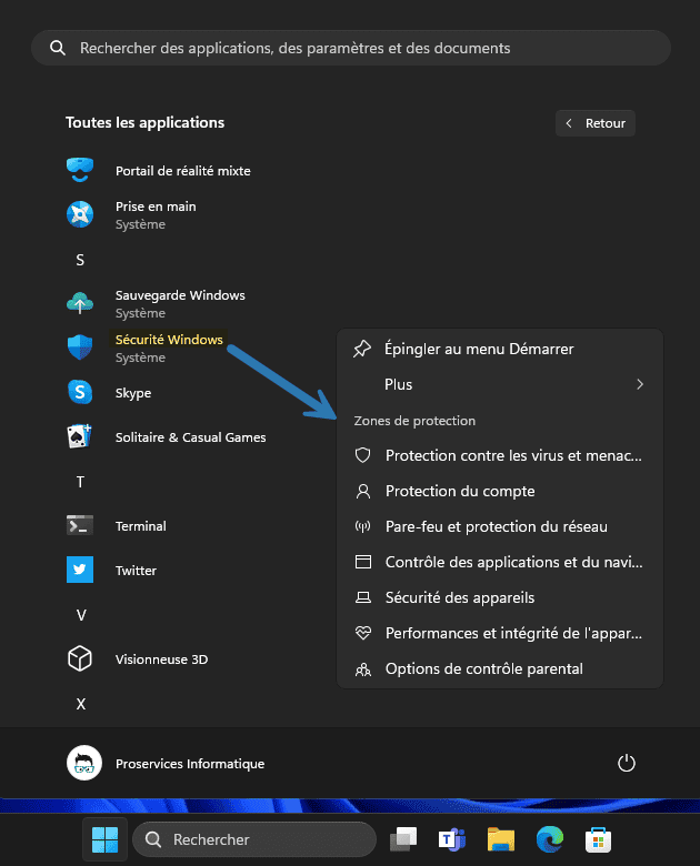 Accéder au centre de Sécurité Windows 11 avec le menu Démarrer