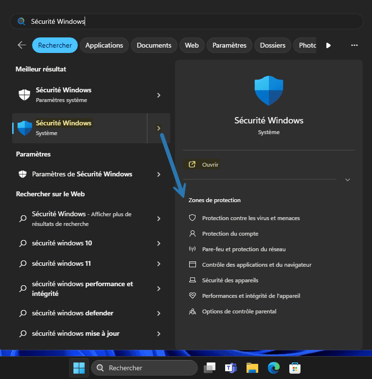 Ouvrir la Sécurité Windows 11 avec la recherche Windows