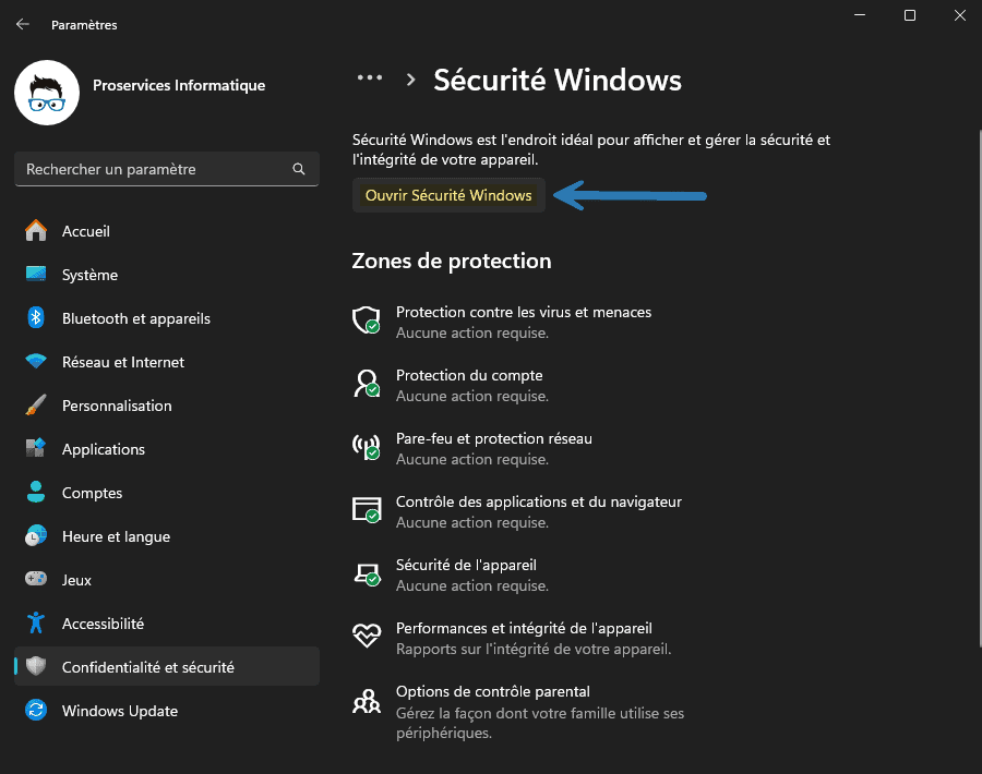 Ouvrir la Sécurité Windows 11 avec les Paramètres Windows