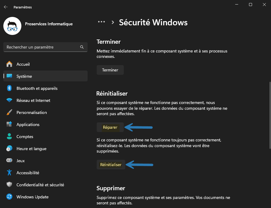 Réinitialiser la Sécurité Windows 11