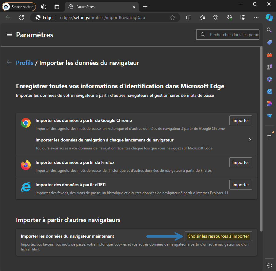 Choisir les ressources à importer dans Microsoft Edge