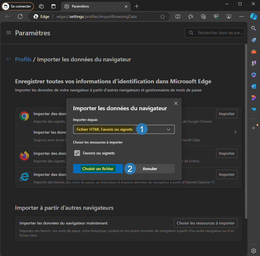 Importer des favoris avec Microsoft Edge depuis un fichier HTML